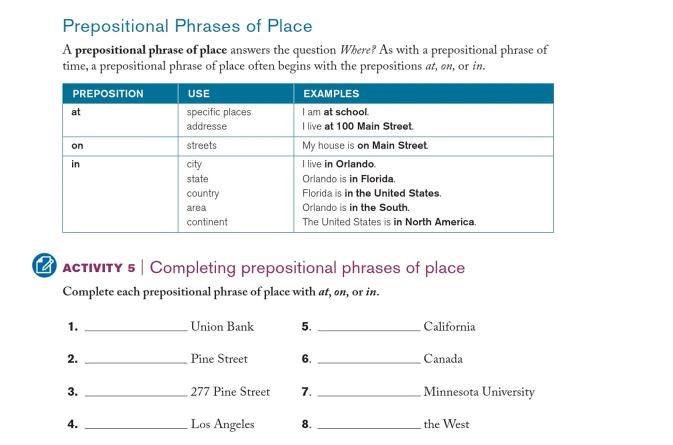 prepositional phrases of place